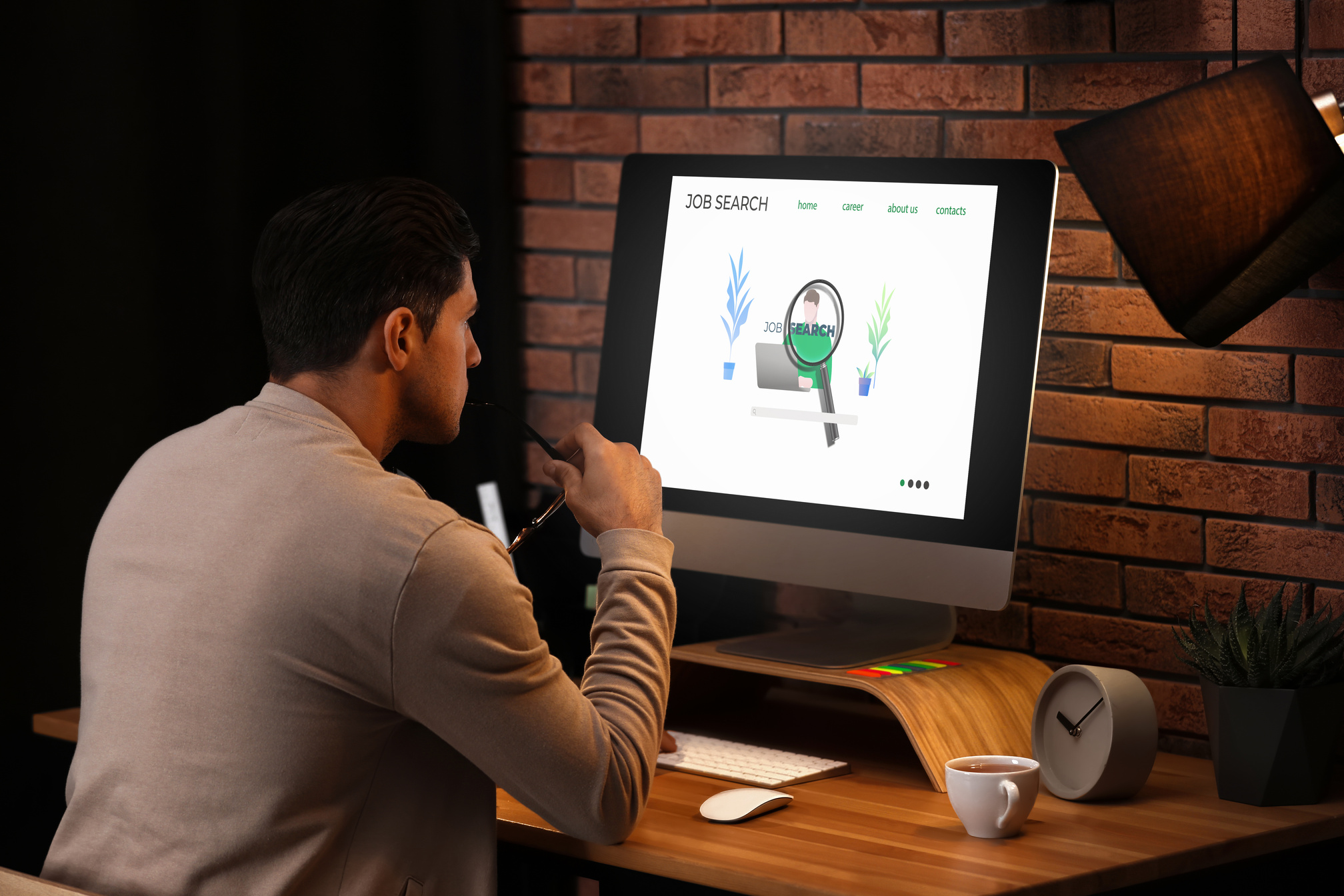 Man Using Modern Computer in Office. Job Search